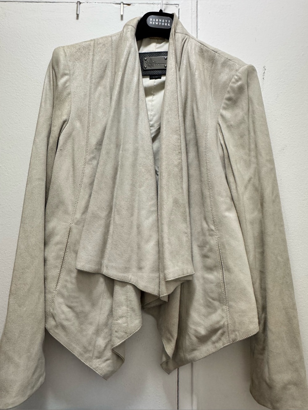 Mackage Fall Drape-Front Suede Leather Jacket in Light Taupe Large